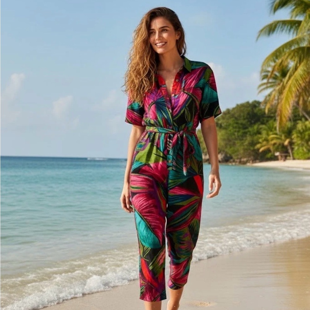 FARM RIO Colorful Tropical Print Button-Up JUMPSUIT